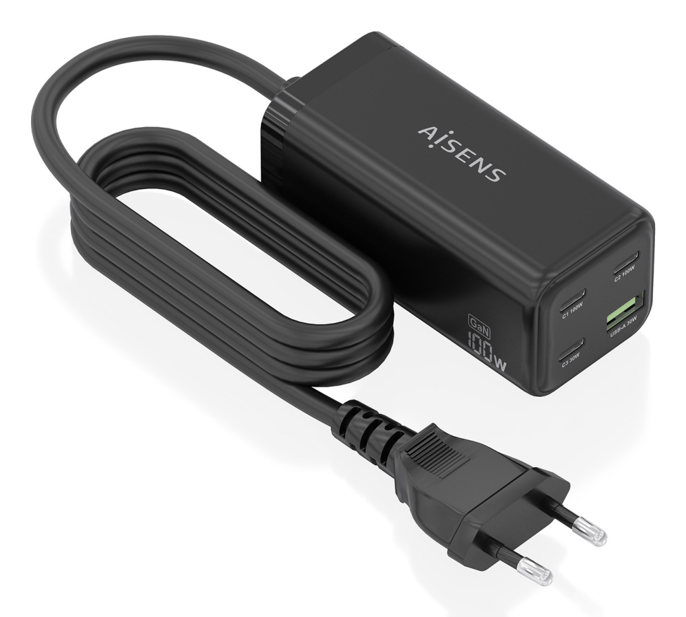 CARGADOR GAN AISENS SOBREMESA 100W 3XUSB-C PD3.0 QC4.0 QC5.0 USB-A QC3.0