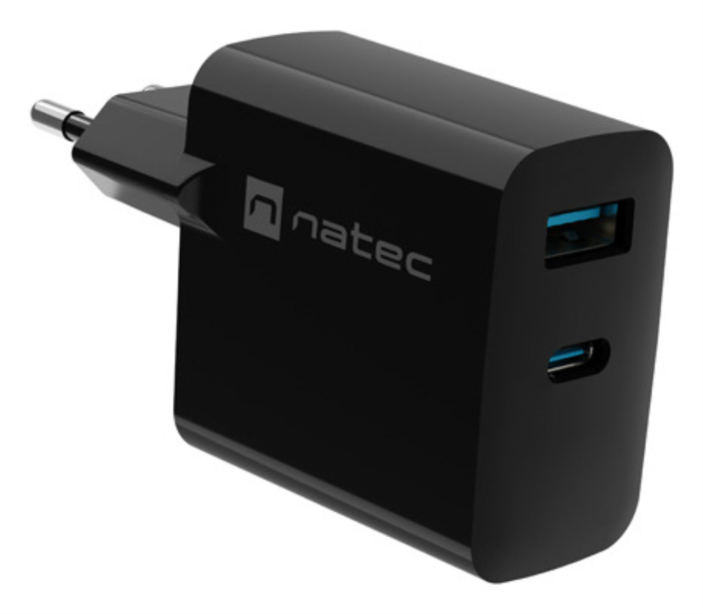 CARGADOR NATEC RIBERA GAN 65W PD3.0 QC3.0 1XUSB-A + 1XUSB-C NEGRO