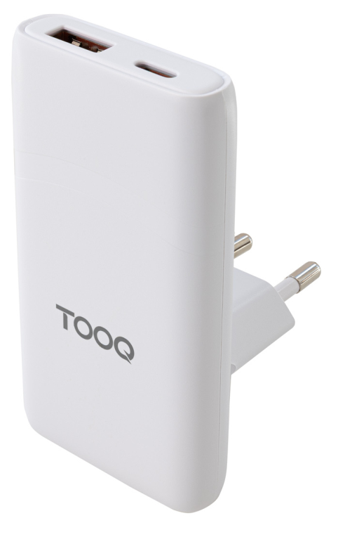 CARGADOR TOOQ PARED GAN USB-C/PD+USB-A/QC 65W, BLANCO