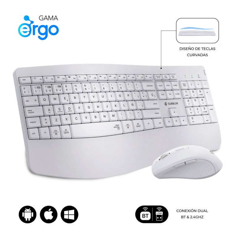 COMBO TECLADO RATON SUBBLIM PROWAVE ERGO INALAMBRICO BLANCO