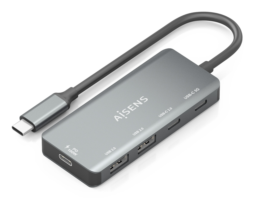 HUB AISENS USB 3.1 USB-C 1XPD 100W 1XUSB-C 3.0 1XUSB-C 2.0 2XUSB-A 2.0 15CM