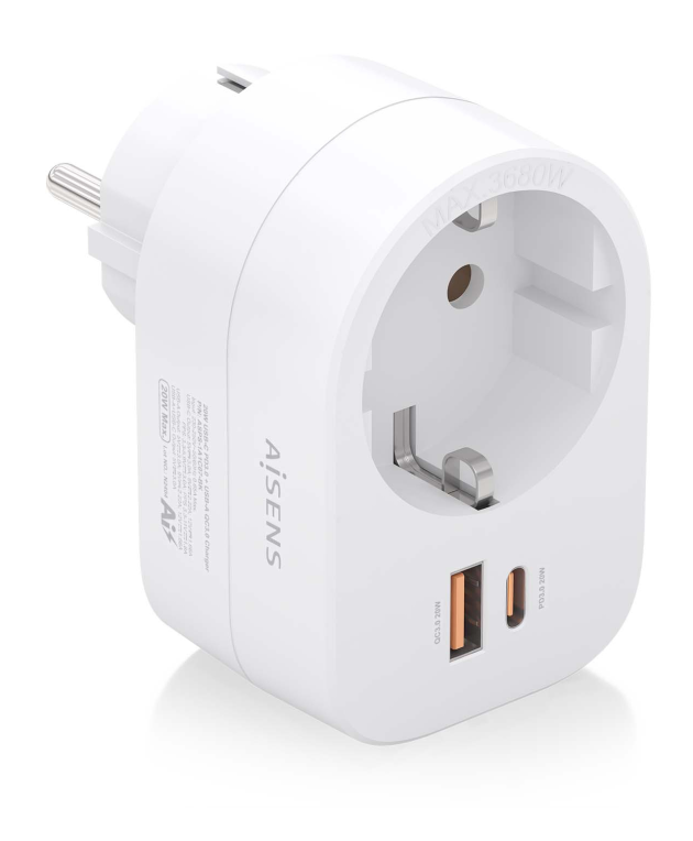 REGLETA PARED AISENS 1 TOMA USB-C 20W PD3.0 USB-A 20W QC3.0 BLANCO