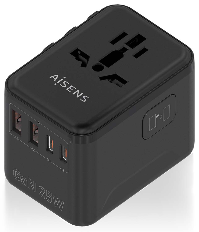 ADAPTADOR AISENS ENCHUFE UNIVERSAL VIAJE CARGADOR USB GAN 25W NEGRO