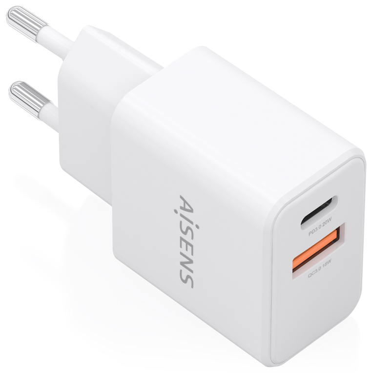 CARGADOR AISENS GaN 20W 1xUSB-C PD3.0 1xUSB-A QC3.0 BLANCO