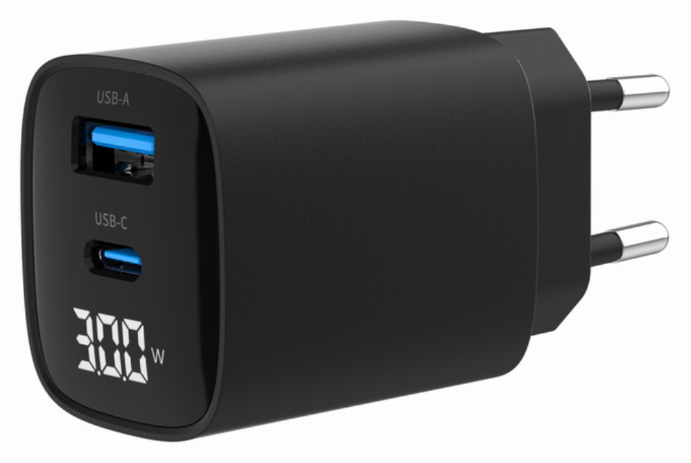 CARGADOR RAPIDO USB GEMBIRD DE 2 PUERTOS Y 30 W, LCD, NEGRO