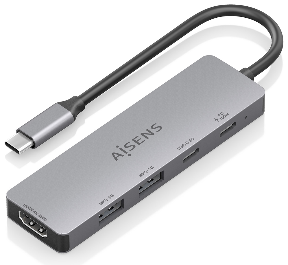 USB-C DOCK AISENS 5 EN 1 HDMI 2XUSB-A USB-C USB-C PD GRIS 15CM